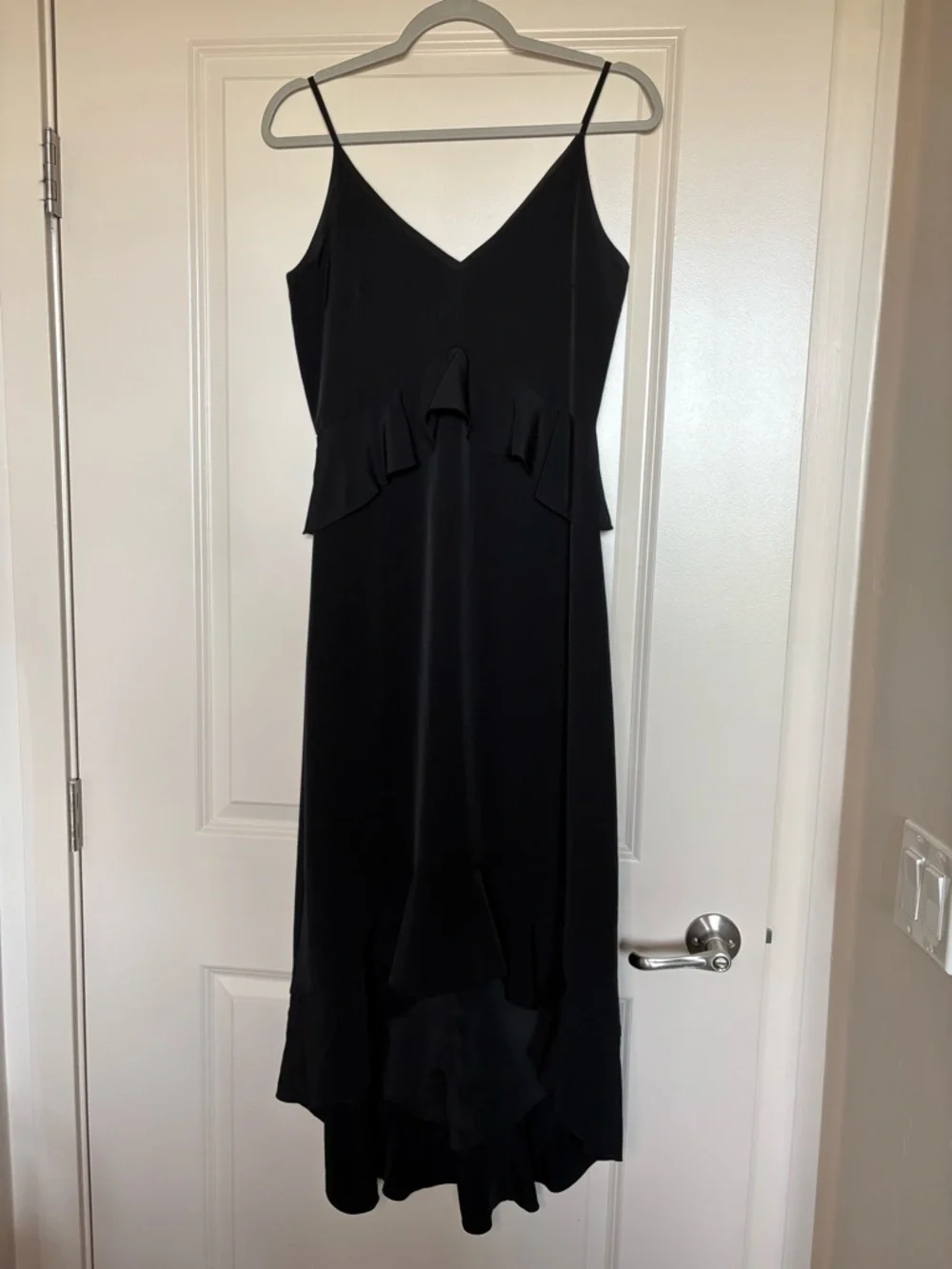H by Halston Black Spaghetti V-Neck High Low Ruffle Peplum Dress Size XS